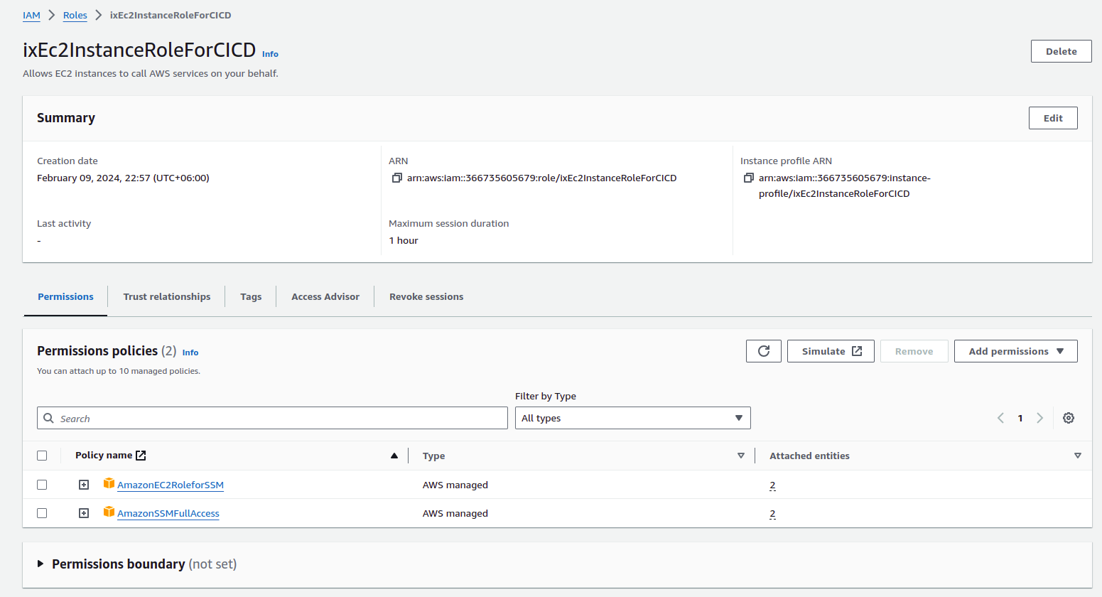 A screenshot of attached IAM role for AWS service