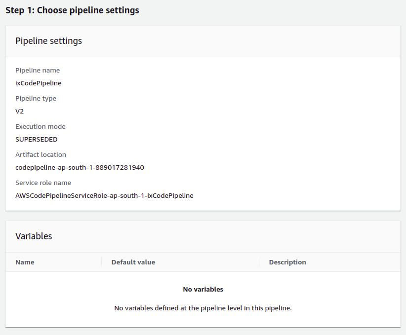 A screenshot of CodePipeline settings