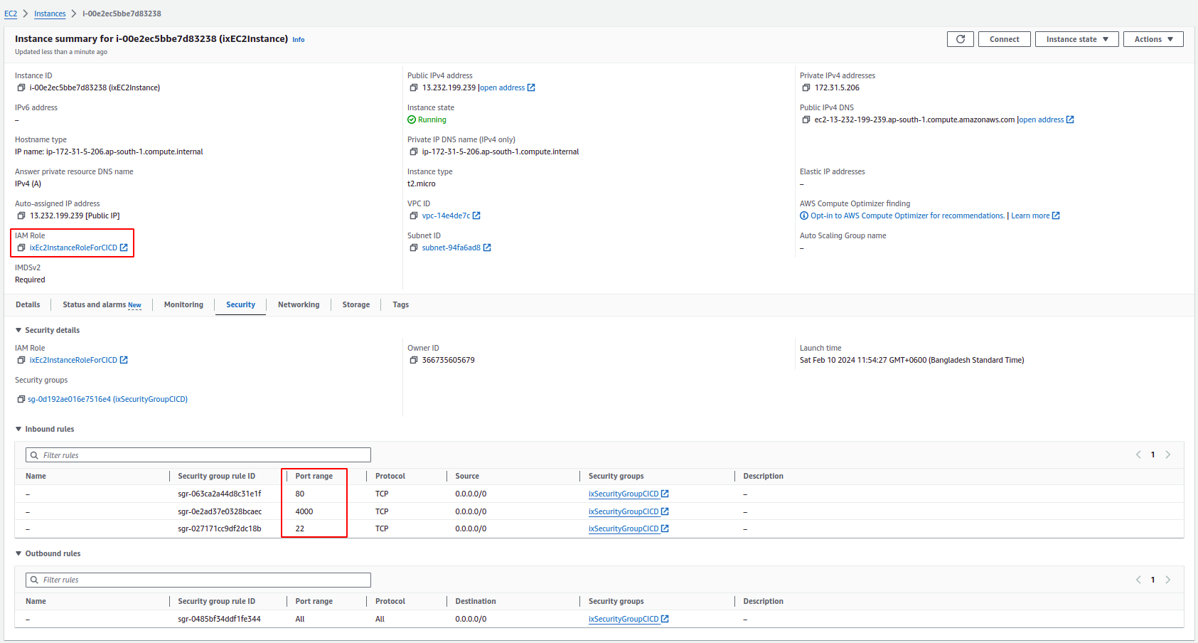 A screenshot of attached IAM role verification for AWS service 