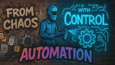 Graffiti-style mural on a brick wall showing a bold comparison of "Manual Work" versus "Automation," with vibrant spray paint colors, abstract arrows, and dynamic lettering symbolizing progress and efficiency.