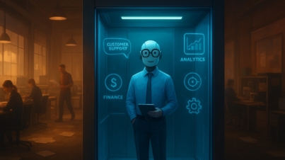 Illustration of an AI Agent robot in a modern office, representing the role of AI Agents in business productivity and decision-making.