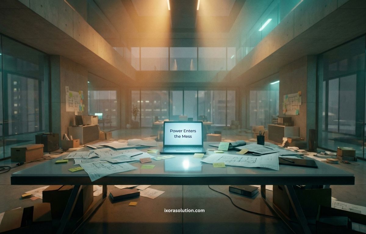 Open glowing laptop in cluttered office workspace representing AI implementation inside an unstructured organization