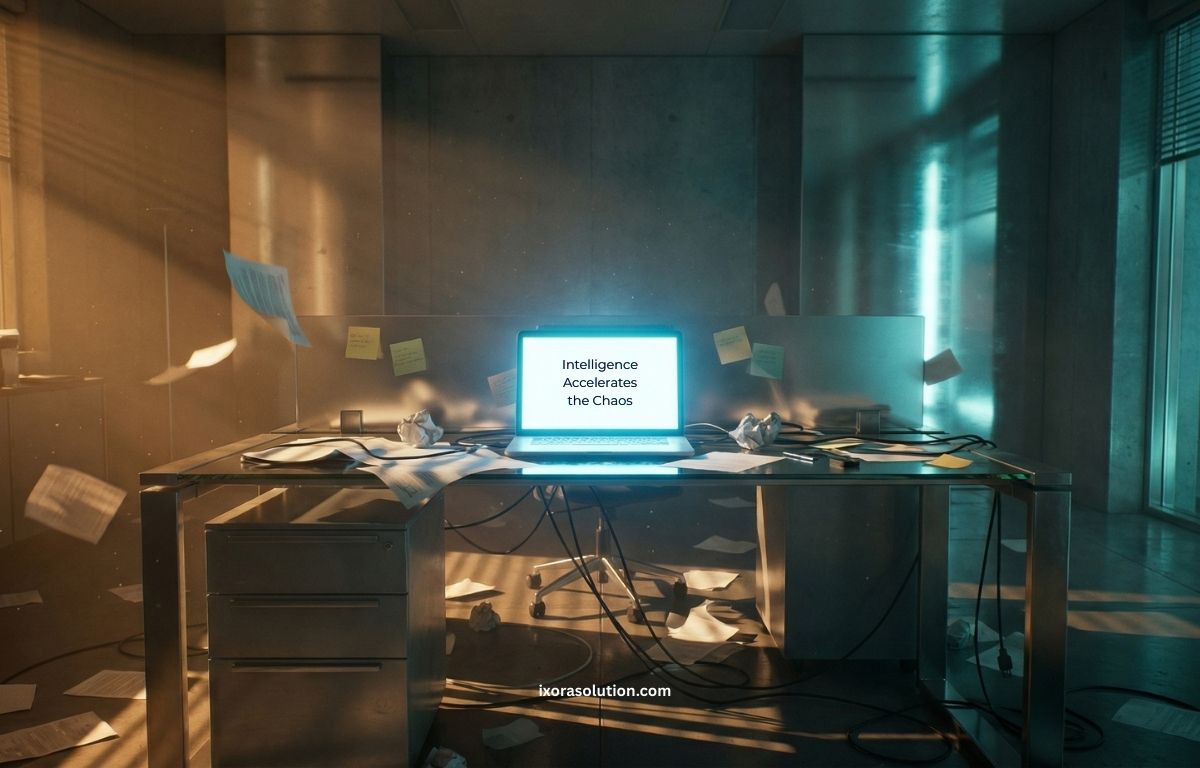 Bright glowing laptop illuminating disorganized corporate desk showing how AI amplifies chaos in a non AI-ready organization