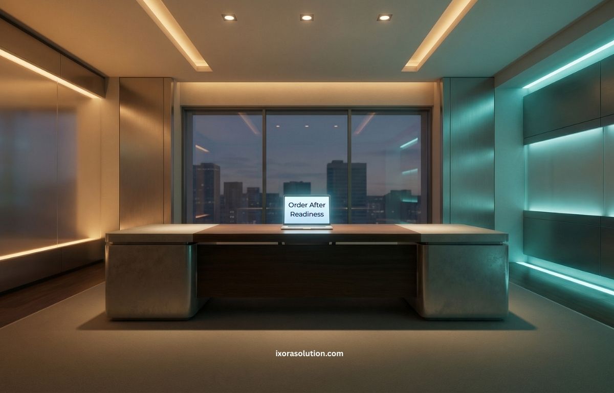 Clean organized corporate desk with softly glowing laptop symbolizing an AI-ready organization with clarity and structure