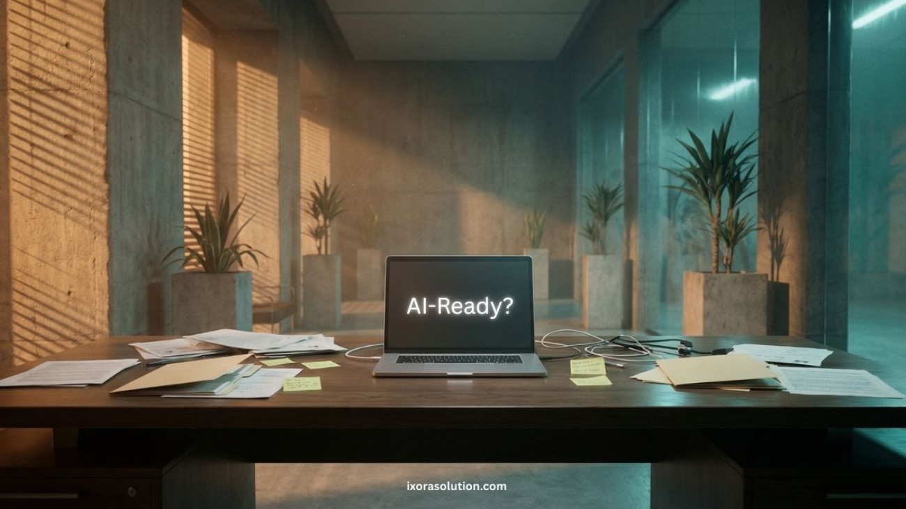 Messy corporate office desk with scattered papers and closed laptop in a modern AI-ready organization environment before AI implementation