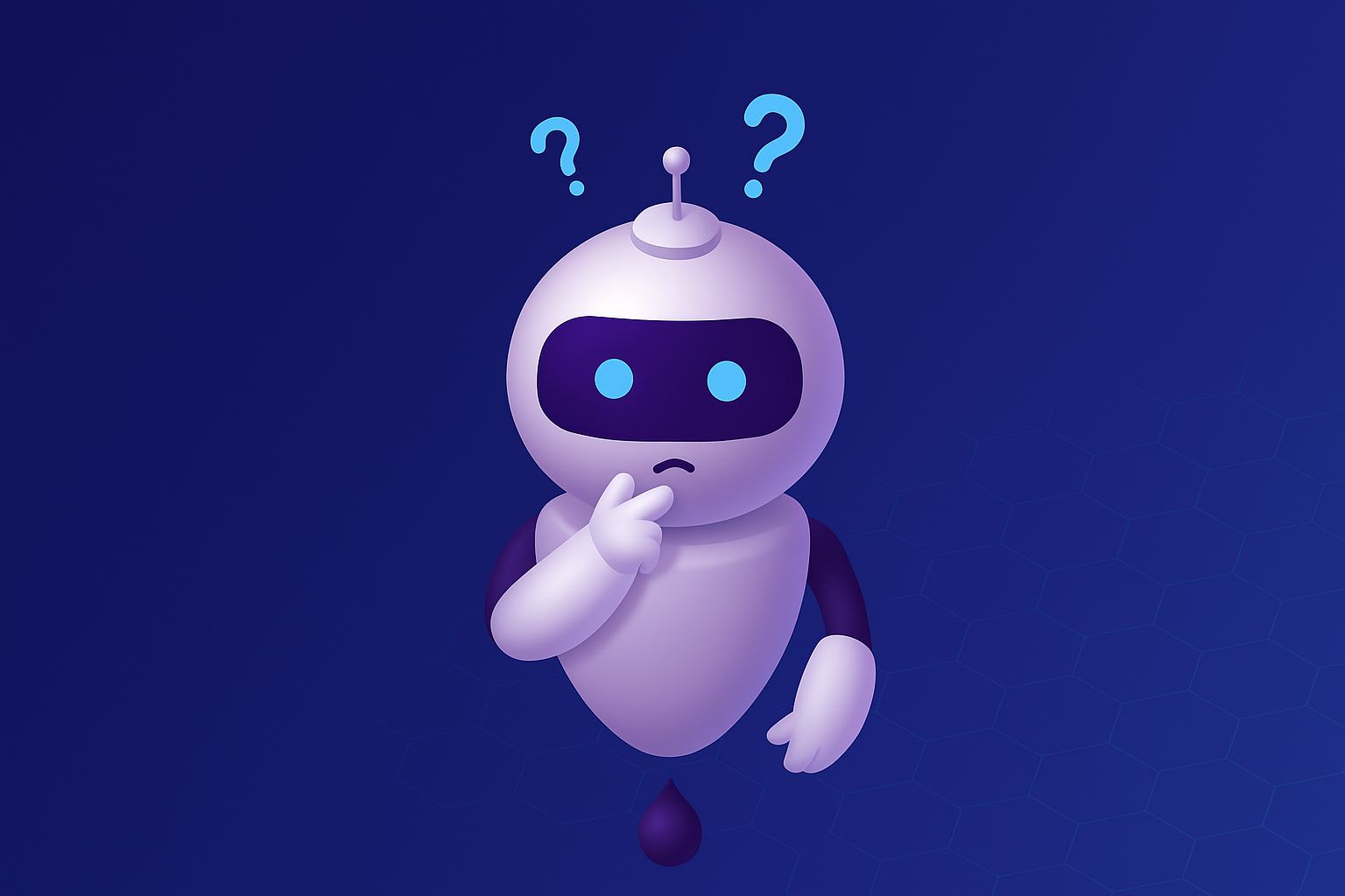 A friendly futuristic robot character centered on a blue gradient background, depicted with a curious expression and question marks above its head, symbolizing a conversational AI agent exploring how to help users.