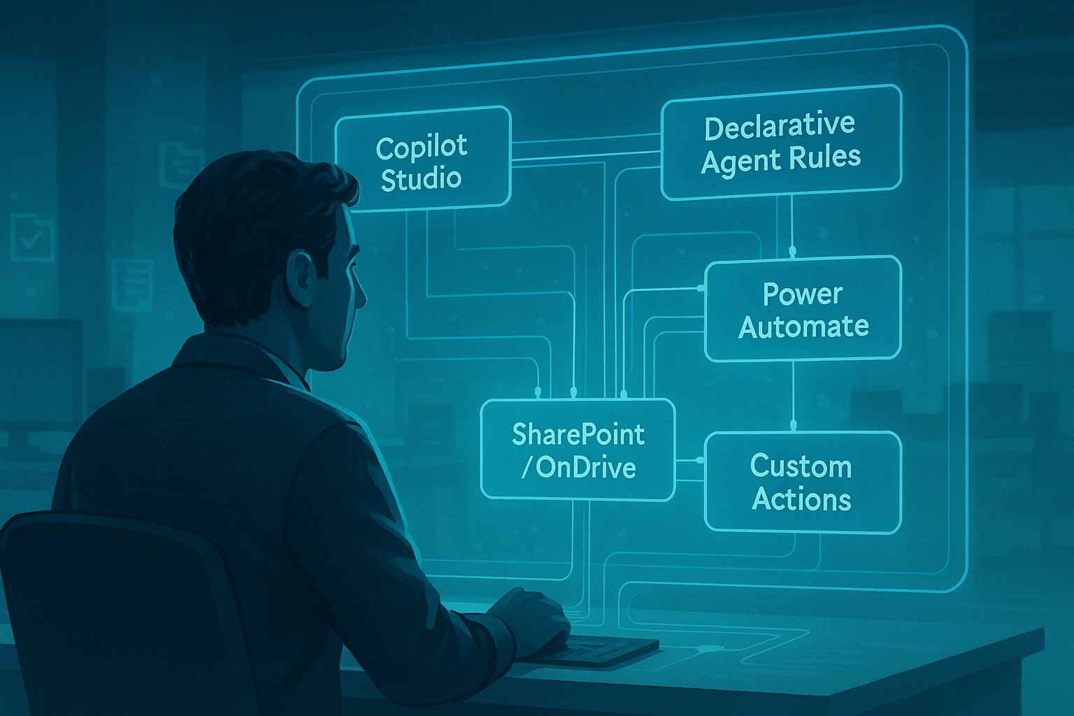 A cinematic digital illustration of a marketing operations specialist viewing a holographic technical blueprint that maps how a Copilot Agent works. The glowing interface displays interconnected modules labeled Copilot Studio, Declarative Agent Rules, Power Automate, SharePoint/OneDrive, and Custom Actions, symbolizing the architecture behind AI-driven file management.