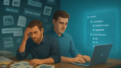 A split-screen illustration showing a stressed marketing professional overwhelmed by chaotic file versions on one side, contrasted with a calm workspace where an AI agent neatly organizes campaign assets into structured folders.