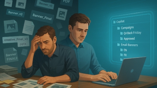 A split-screen illustration showing a stressed marketing professional overwhelmed by chaotic file versions on one side, contrasted with a calm workspace where an AI agent neatly organizes campaign assets into structured folders.