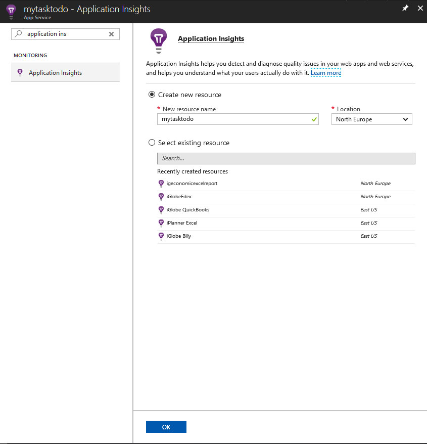 Screenshot displaying how to Find and select application insight for your azure application.