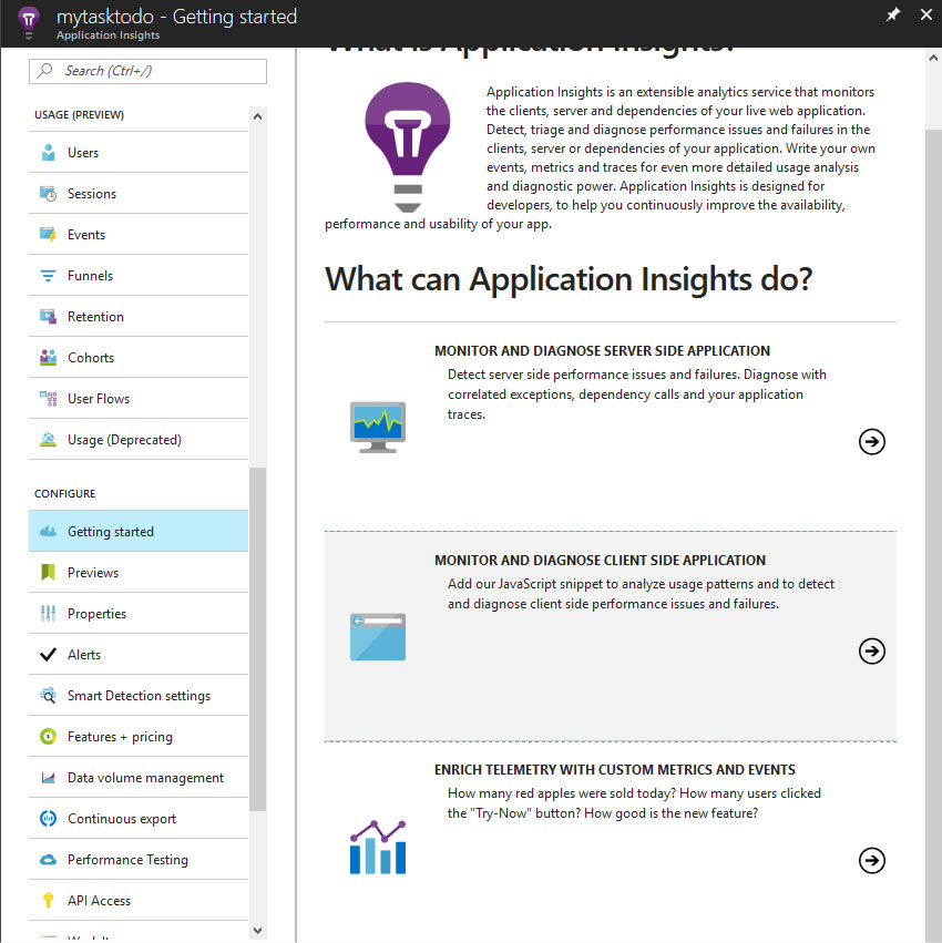 screenshot displaying how to get code sample for application insight in azure.