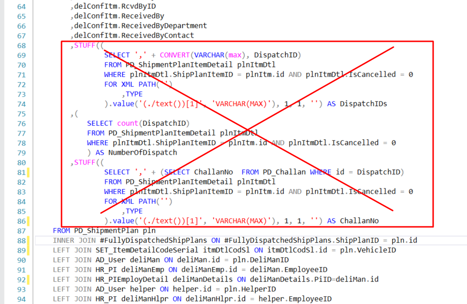Screenshot of source code snippet displaying why to stop using sub query inside SELECT statement. 