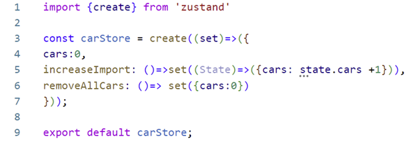 Screenshot of a source code displaying how to Create a store as below with one car variable (initial value 0) and one function to increate the cars and another function to reset the cars.