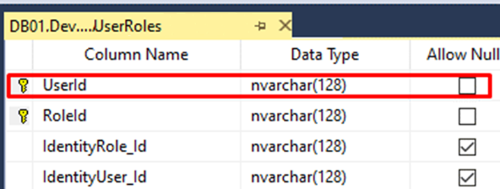 Screenshot of source code snippet displaying UserRoles table has a column name UserId which is nvarchar(128). 