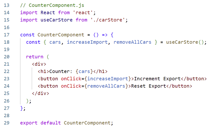 Screenshot of a source code displaying by Creating a store as below with one car variable (initial value 0), one function to increate the cars, and another function to reset the cars and use of this in react component 