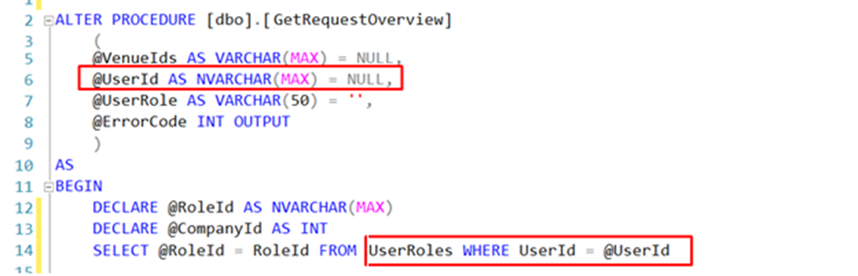 Screenshot of source code snippet displaying stored procedure we have declared a parameter @UserId which is nvarchar(max) that is dealing with UserId column of UserRoles table which is incorrect.