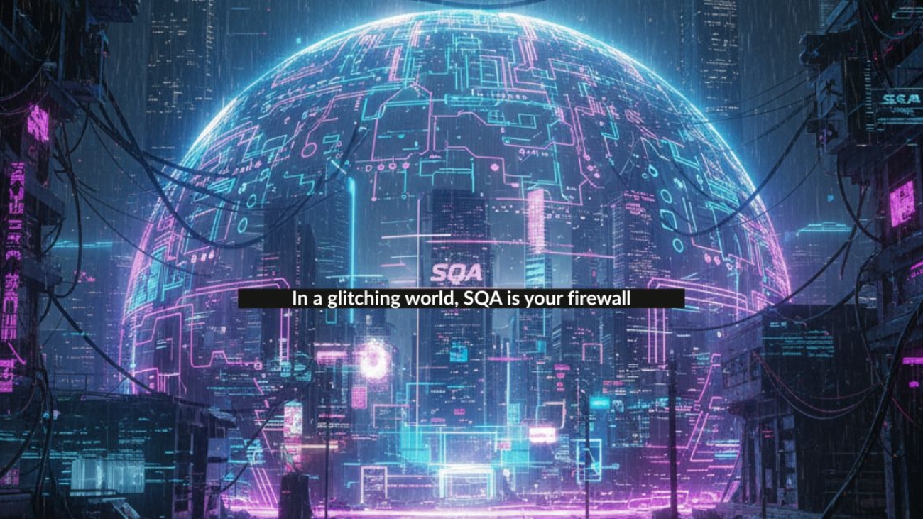 A chaotic cyberpunk city: glitching billboards, broken neon signs, tangled wires, rain-soaked streets. At the center: a glowing cyber-dome in electric blue & neon purple protecting futuristic skyscrapers and holograms inside. Outside the dome: corrupted code, data leaks, and crumbling structures. Inside the dome: order, bright neon grids, stable networks → the world enabled by SQA. The dome itself is made of neon circuit patterns — a shield of software quality.