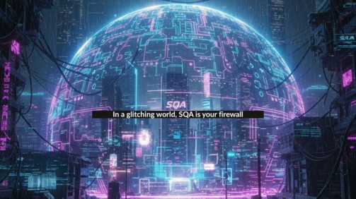 A chaotic cyberpunk city: glitching billboards, broken neon signs, tangled wires, rain-soaked streets. At the center: a glowing cyber-dome in electric blue & neon purple protecting futuristic skyscrapers and holograms inside. Outside the dome: corrupted code, data leaks, and crumbling structures. Inside the dome: order, bright neon grids, stable networks → the world enabled by SQA. The dome itself is made of neon circuit patterns — a shield of software quality.