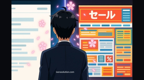 Anime scene of a Japanese user sitting at a glowing laptop, a product page overflowing with floating text boxes, specs, and information scrolls filling the air around them like protective shields. The user looks reassured, surrounded by glowing trust signals. Clean corporate-anime illustration, vibrant but professional. Aspect ratio 1600x625.