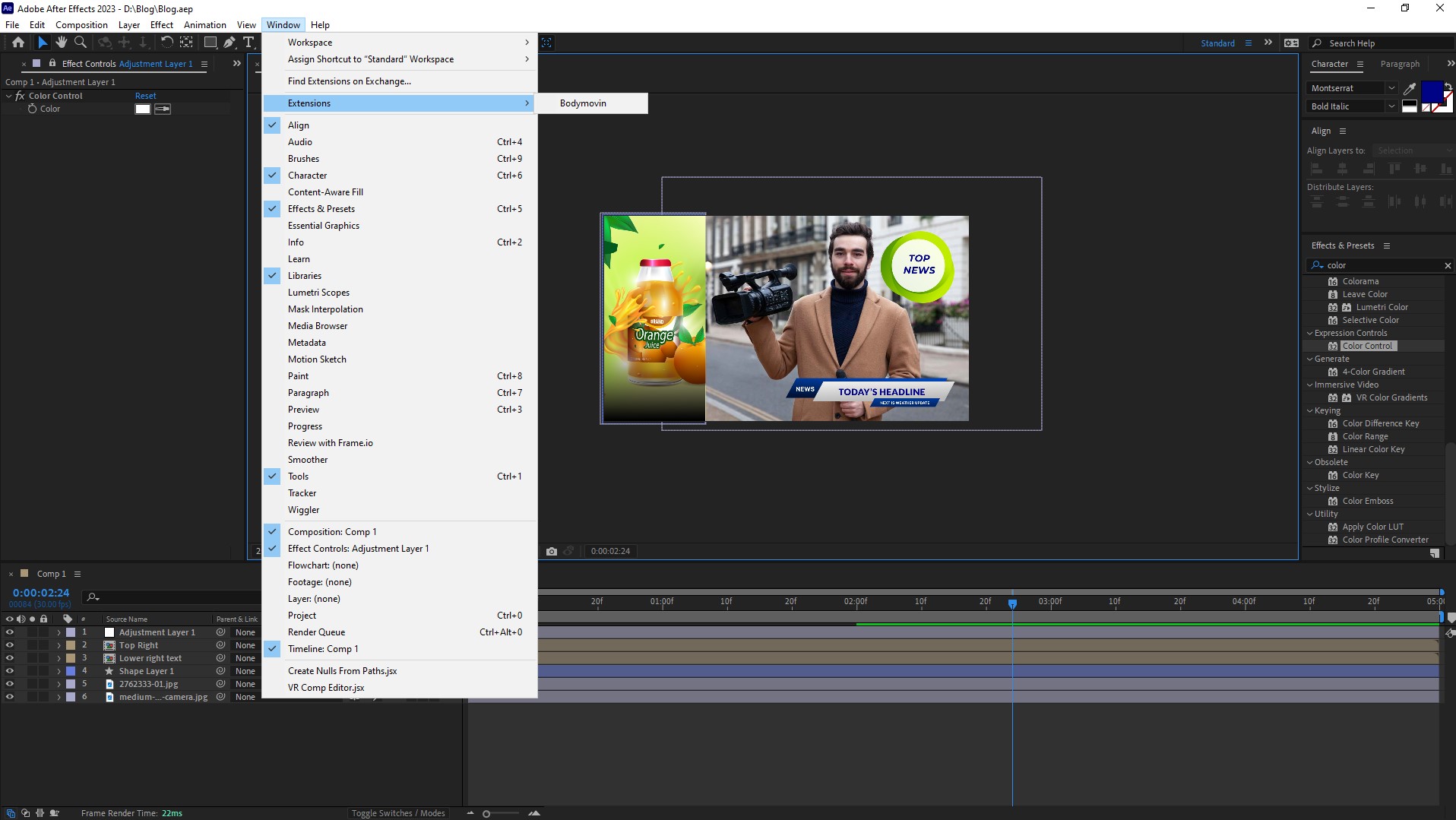 Screenshot of Adobe After Effects application with menu settings.