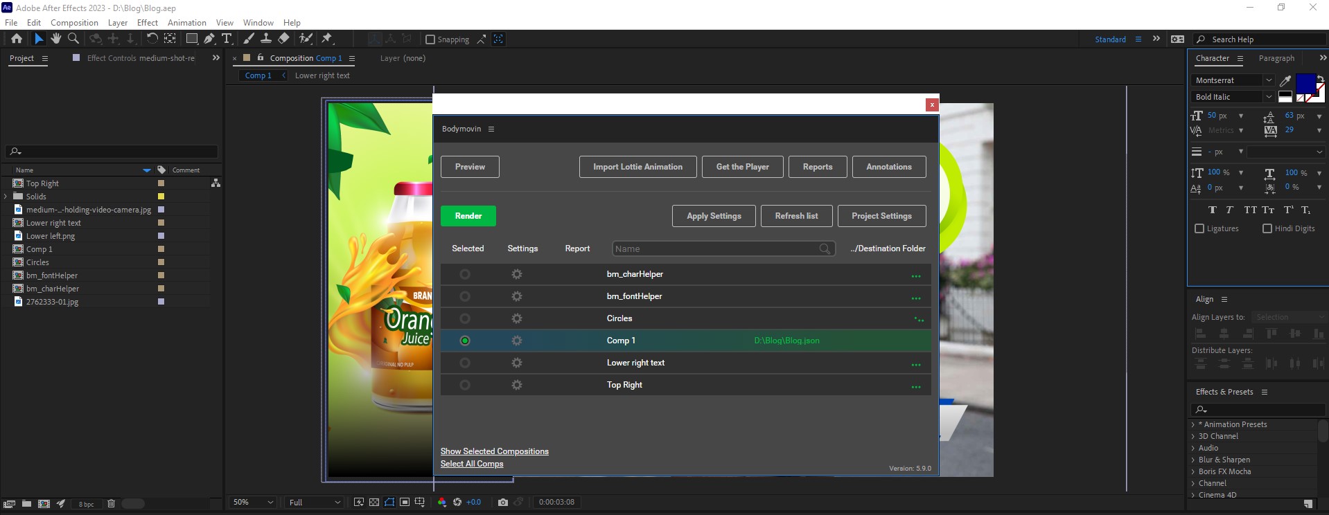 Screenshot of Bodymovin plugin in Adobe After Effects application. 
