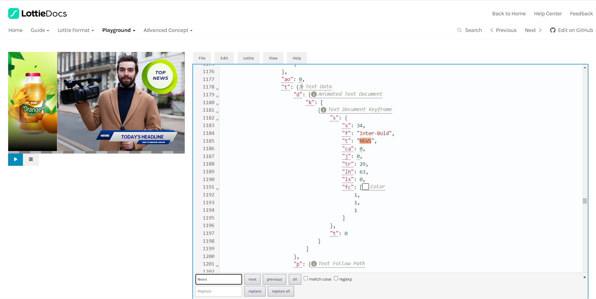 Screenshot of source code displaying code for animation. 