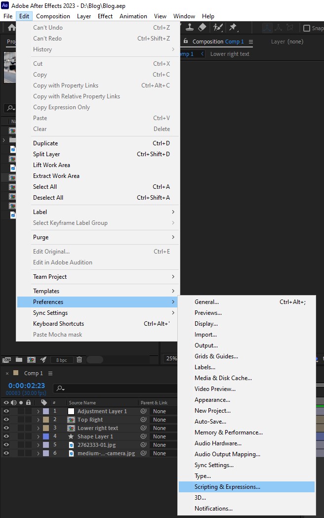 Screenshot of After Effects application menu. 