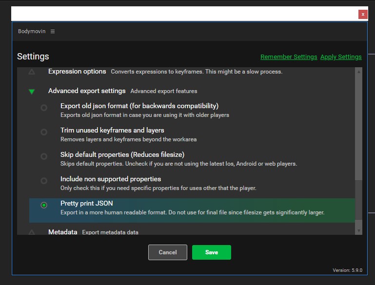 Screenshot of Bodymovn plugin settings menu. 