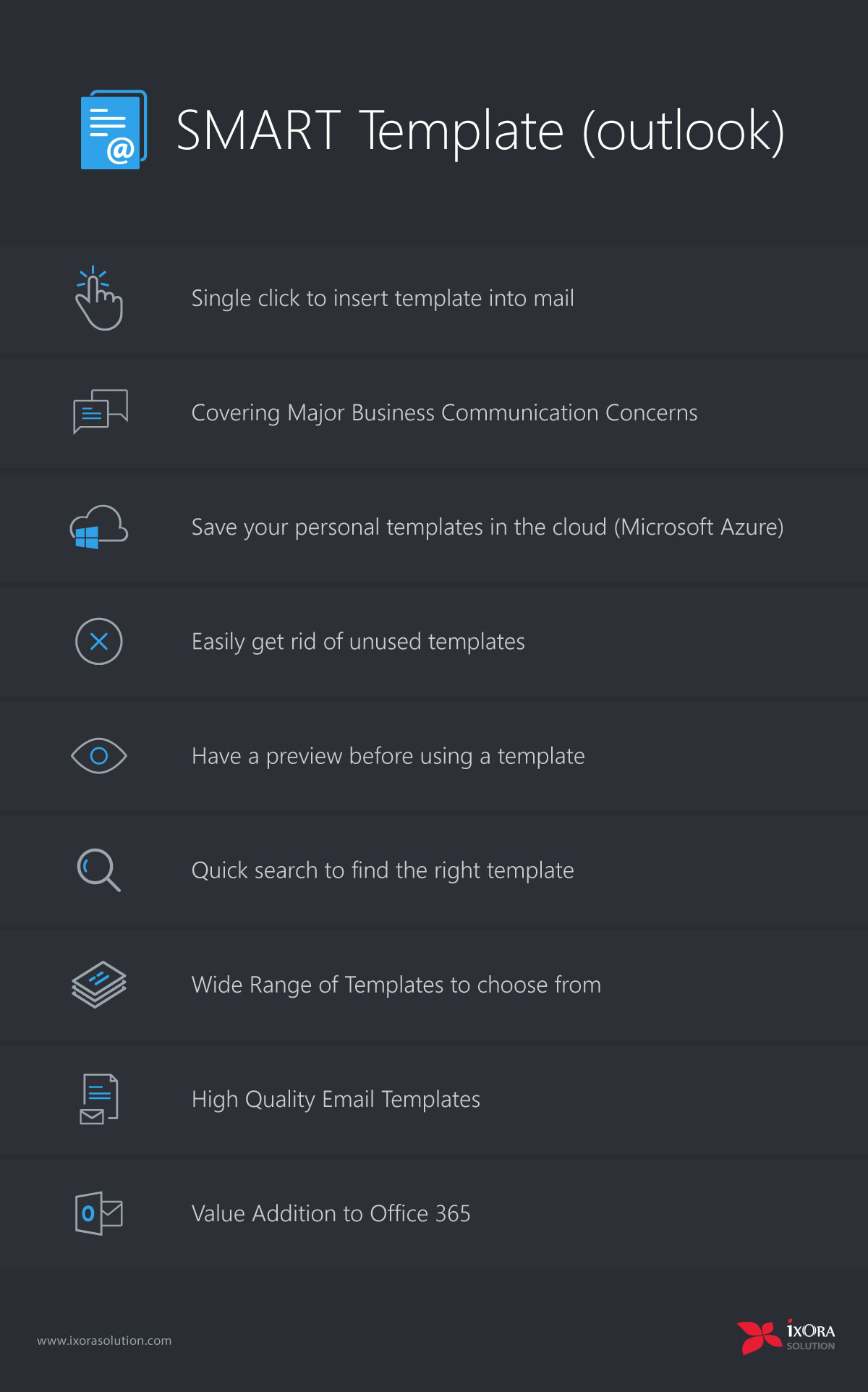 Infographic showing the features of Smart Template Outlook application. 