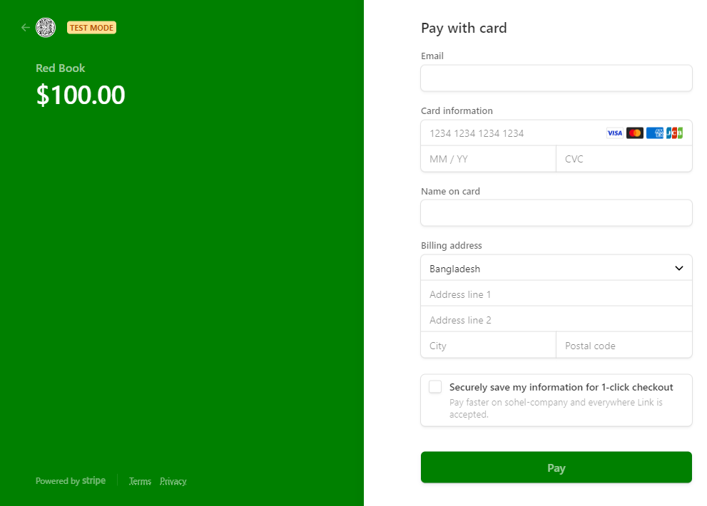 screenshot of the Stripe checkout api payment form. 