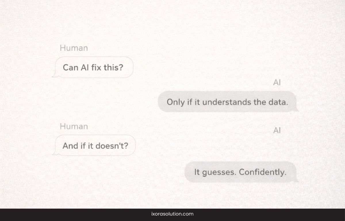 Minimal AI chat visual where the AI explains that without understanding unstructured data, artificial intelligence guesses confidently, highlighting risks of AI without data structure.