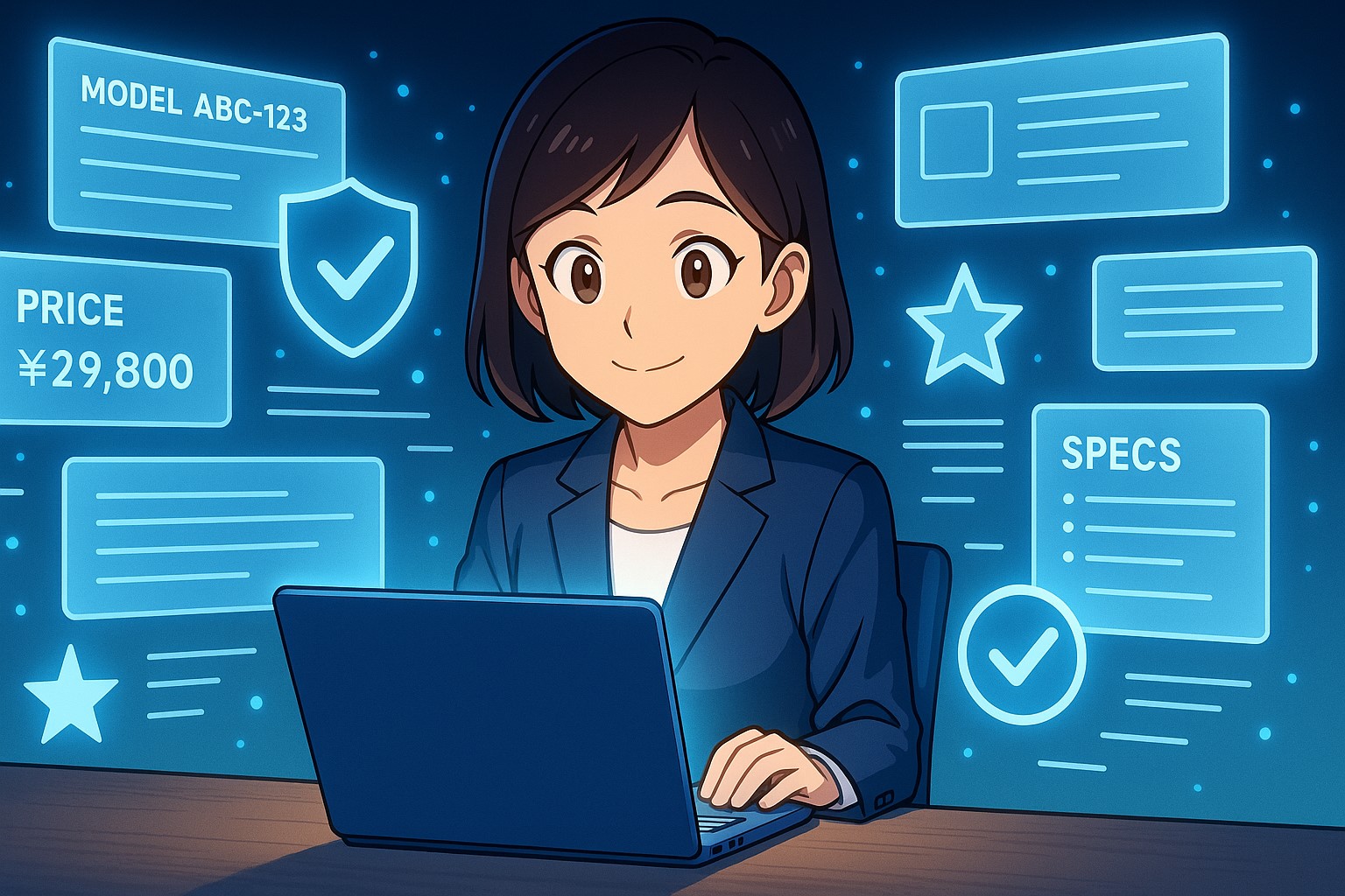 Anime scene of a Japanese user sitting at a glowing laptop, a product page overflowing with floating text boxes, specs, and information scrolls filling the air around them like protective shields. The user looks reassured, surrounded by glowing trust signals. Clean corporate-anime illustration, vibrant but professional.