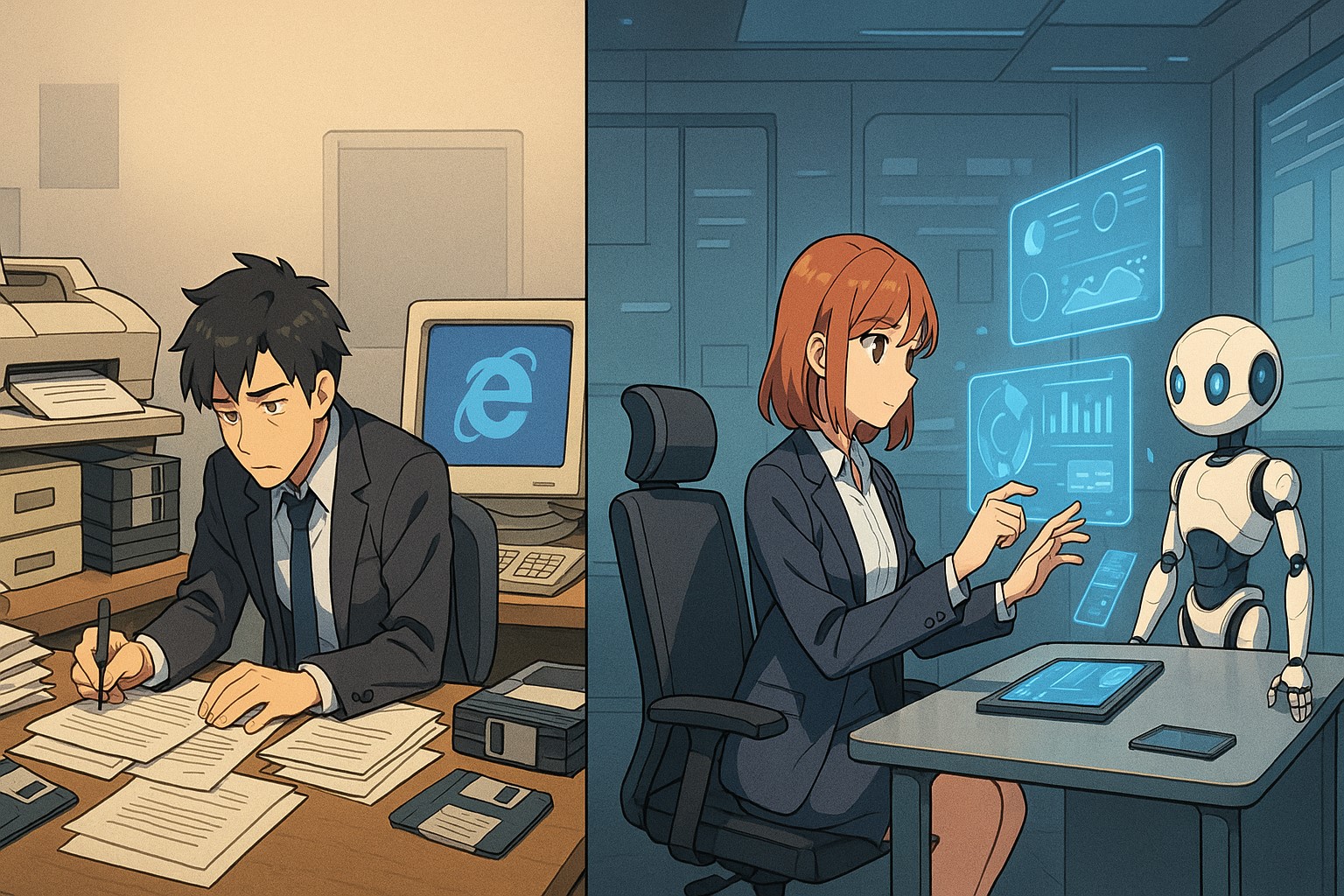 Anime office split in two: left side cluttered with fax machines, floppy disks, USB sticks, and glowing Internet Explorer windows like old relics; right side futuristic with holographic screens, robots, and sleek tablets. Surreal but professional, contrasting past vs. future. Corporate-anime illustration.