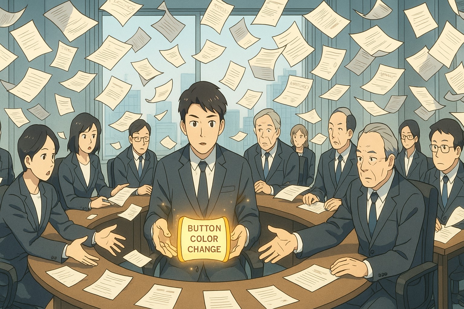 Anime-style boardroom filled with executives in suits sitting in a big circle, passing around a tiny glowing scroll labeled ‘button color change.’ Papers and approvals swirl around the room like a storm. Humorous but corporate-anime style, polished and clean.