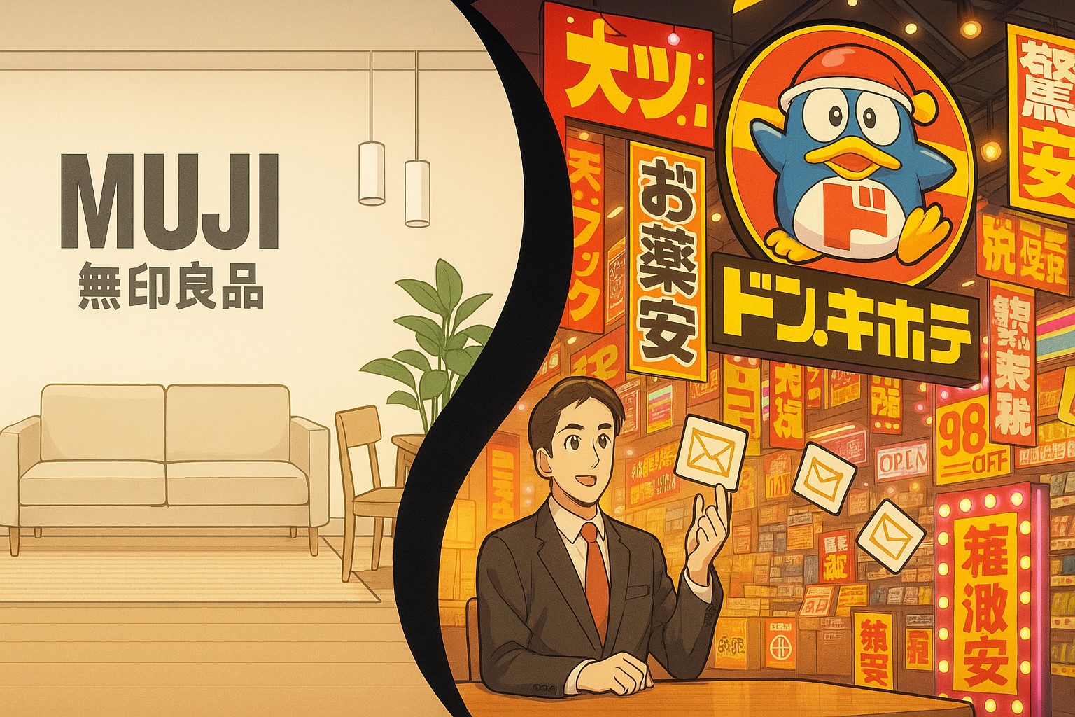 Anime split-scene illustration: left side minimalist MUJI-style interior, serene and elegant with clean typography; right side chaotic Don Quijote-style store overflowing with bright banners, flashing lights, text everywhere. Balanced duality, yin-yang anime style, professional finish.