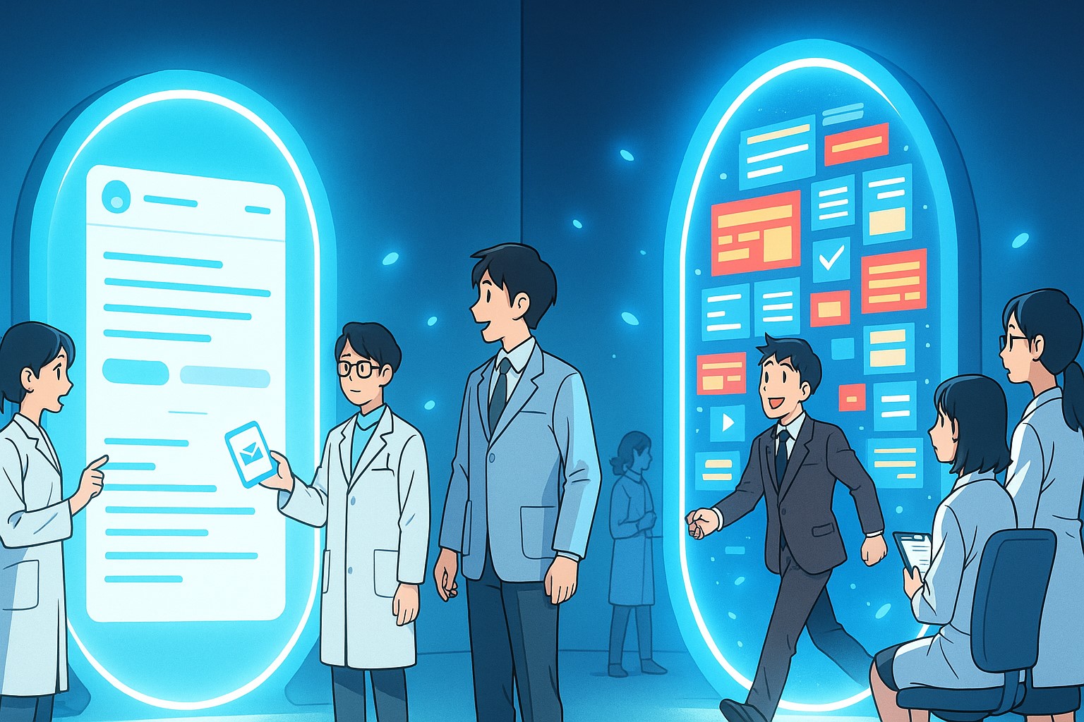 Anime researchers in lab coats testing two giant glowing portals: one sleek Western minimal UI portal, the other a dense Japanese UI portal overflowing with details. Users walk confidently into the Japanese portal. Magical but professional anime illustration, corporate theme.