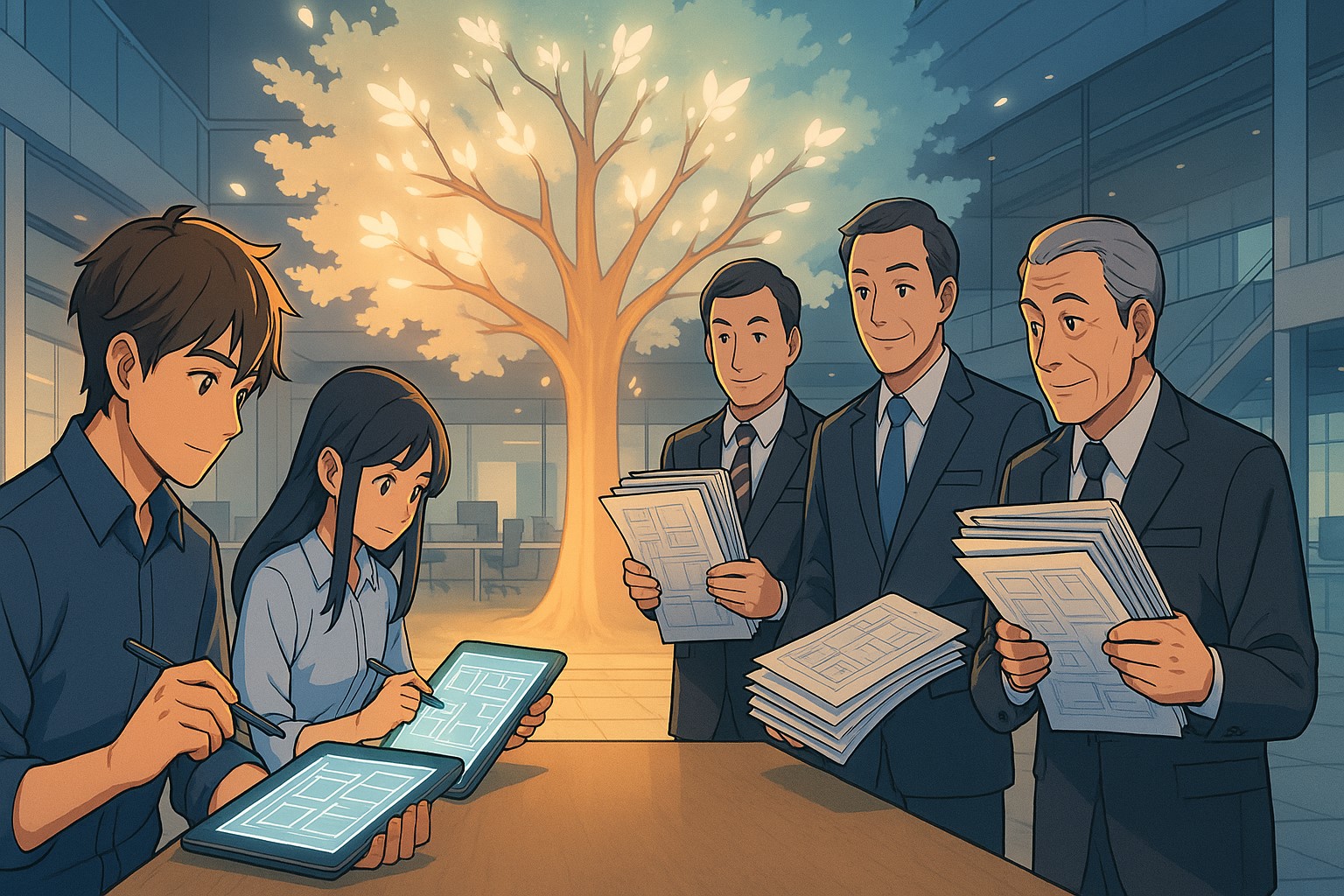 Young anime designers sketching wireframes on glowing tablets while older executives in suits hold thick stacks of paper blueprints. They collaborate under a blooming cherry blossom tree inside a futuristic office. Hopeful, corporate-anime style, modern colors.