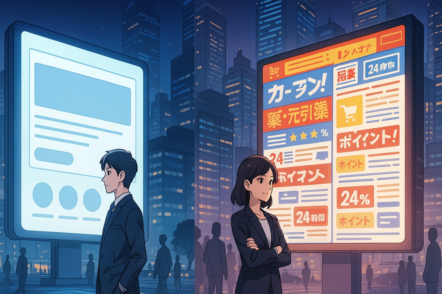 Anime futuristic cityscape with two giant digital billboards: one sleek minimal Western UI, one dense Japanese UI overflowing with text. People on each side look comfortable and confident with their own billboard. Reflective, philosophical, corporate-anime illustration.