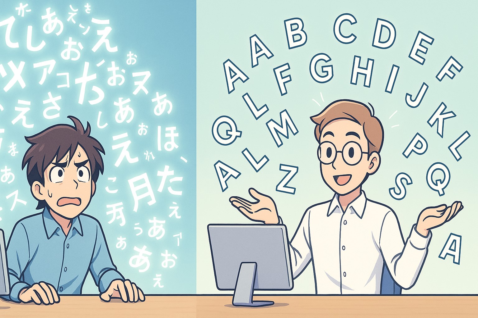Anime designer character at a desk, overwhelmed by thousands of floating Kanji, Hiragana, and Katakana characters glowing around them, forming a mountain. Next to them, a Western designer only juggling 26 alphabet letters with ease. Playful, informative, corporate-anime style. Bright but balanced.