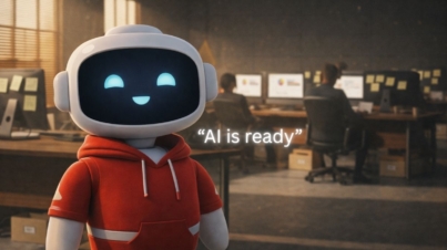 Cute AI agent in a red outfit standing in a modern organizational office, symbolizing AI readiness and understanding inside business environments.