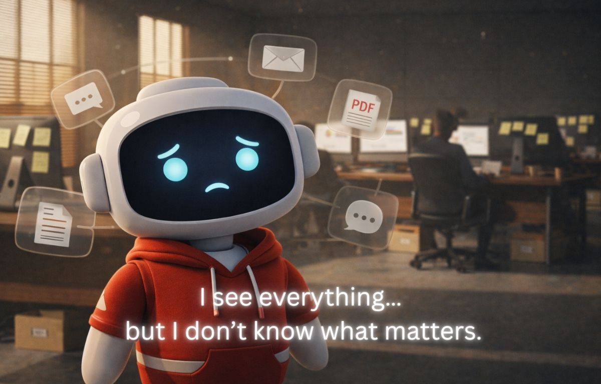 Confused AI agent in a red outfit surrounded by email, PDF, and chat icons inside a busy office, representing unstructured data challenges in organizations.