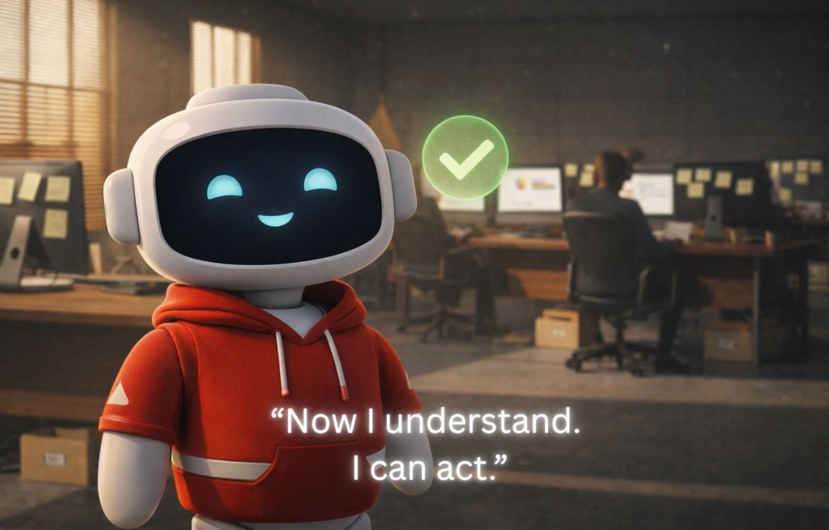 Confident AI agent in a red outfit with a clarity checkmark in a structured office environment, symbolizing AI agents enabled by clean understanding.