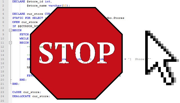 Cursor and stop sign over source code snippet. 