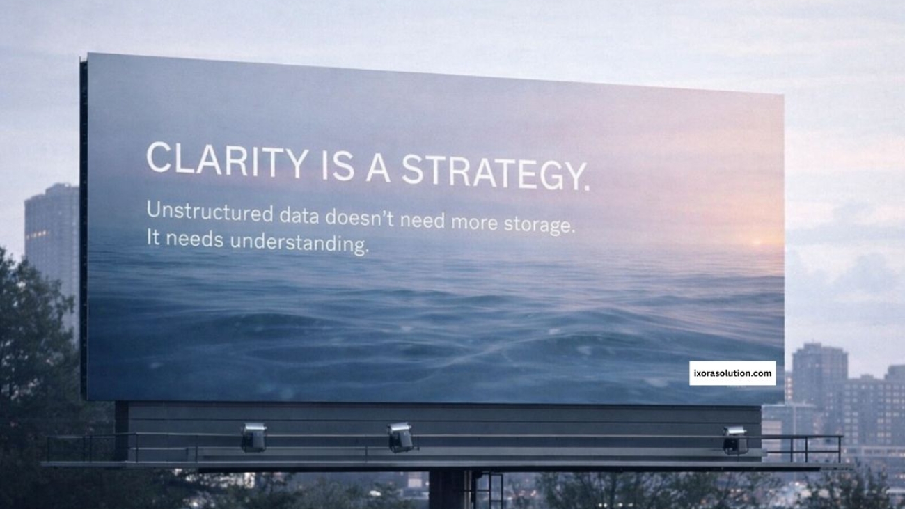 Billboard showing a calm ocean at dawn with the message “Clarity is a strategy,” symbolizing how unstructured data creates silent risk even when business systems appear stable.