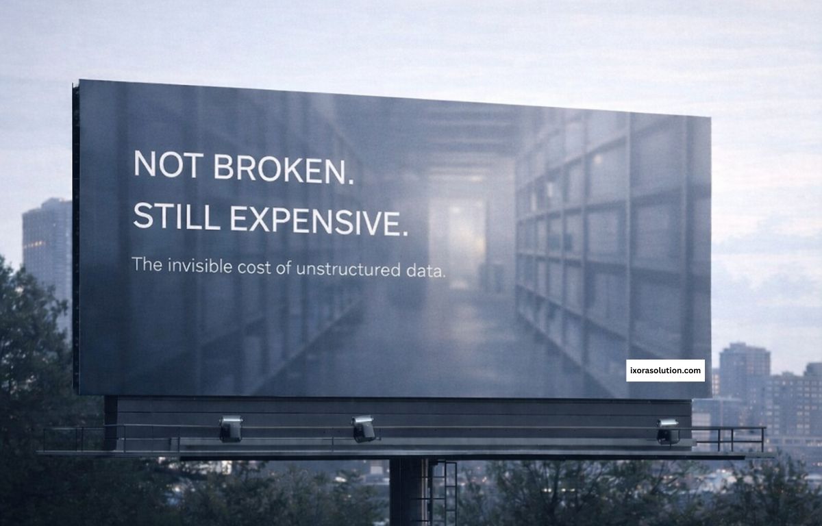 Billboard displaying an empty storage corridor with the text “Not broken. Still expensive,” representing the hidden cost and risk of managing unstructured data at scale.
