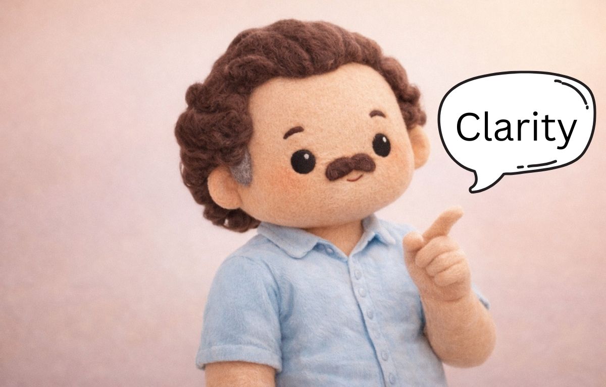 Plush-style felt character with a friendly smile and subtle finger-point gesture, symbolizing the moment of clarity and agreement after understanding a complex idea.