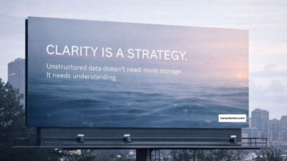 Billboard showing a calm ocean at dawn with the message “Clarity is a strategy,” symbolizing how unstructured data creates silent risk even when business systems appear stable.