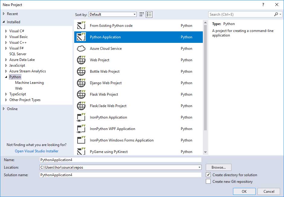 Screenshot displaying how to create python project in Visual-Studio.