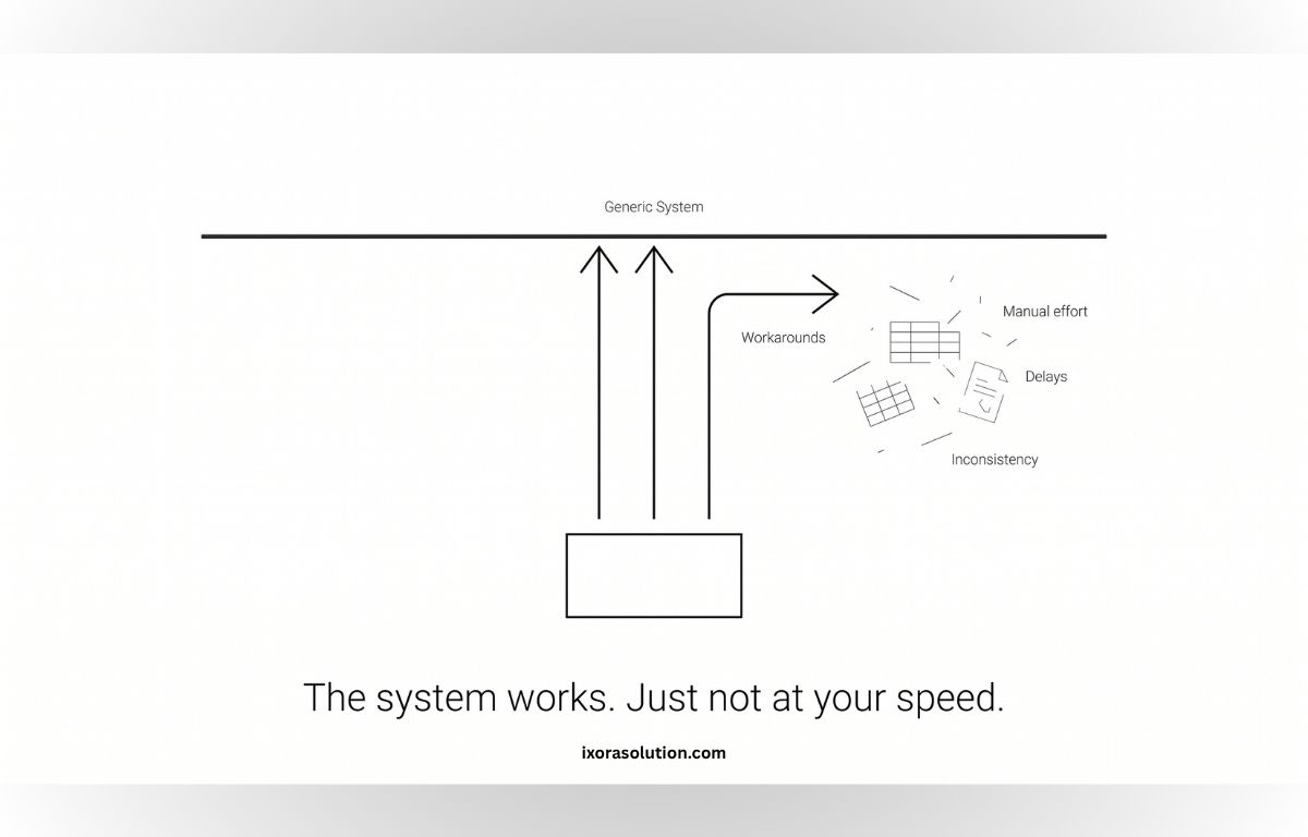 Custom software solution vs generic system roadmap showing adaptive workflow and AI-driven business flexibility
