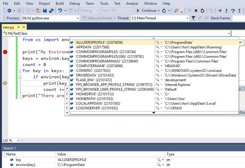 Screenshot of source code snippet showing Debugging python in Visual-Studio. 